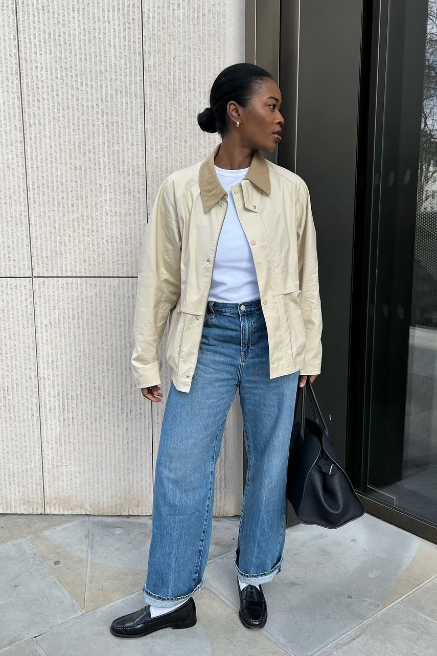 Beige Barn Jacket with Wide-Leg Jeans and Loafers Beige Barn Jacket with Wide-Leg Jeans and Loafers — Parka Outfits