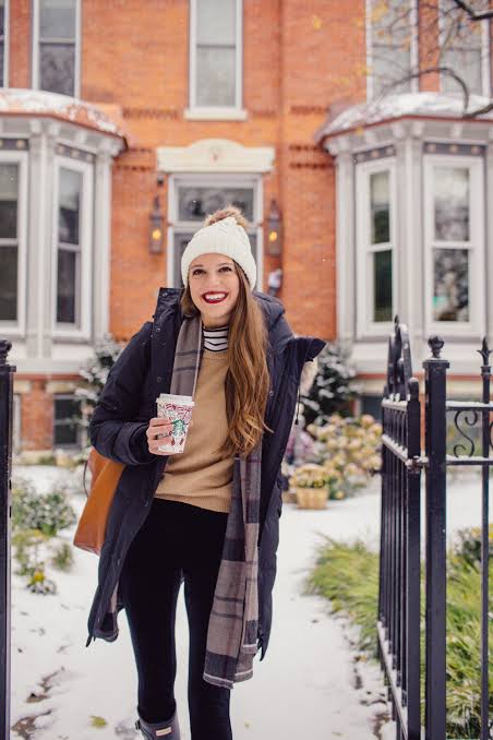 Navy Puffer Coat with Plaid Scarf in Snowy Setting Navy Puffer Coat with Plaid Scarf in Snowy Setting — Winter Layering Outfits