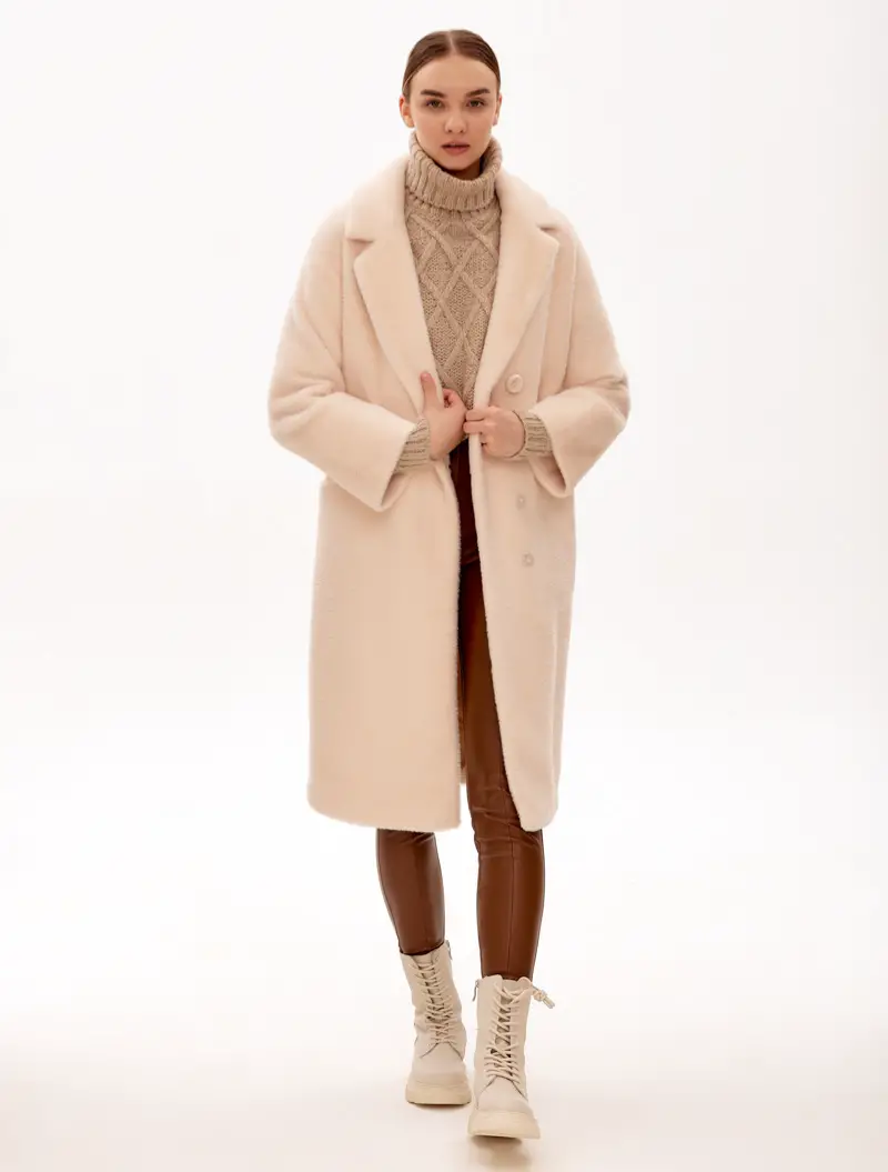 Cream Textured Coat with Beige Turtleneck and Faux Leather Leggings — Neutral Winter Outfits