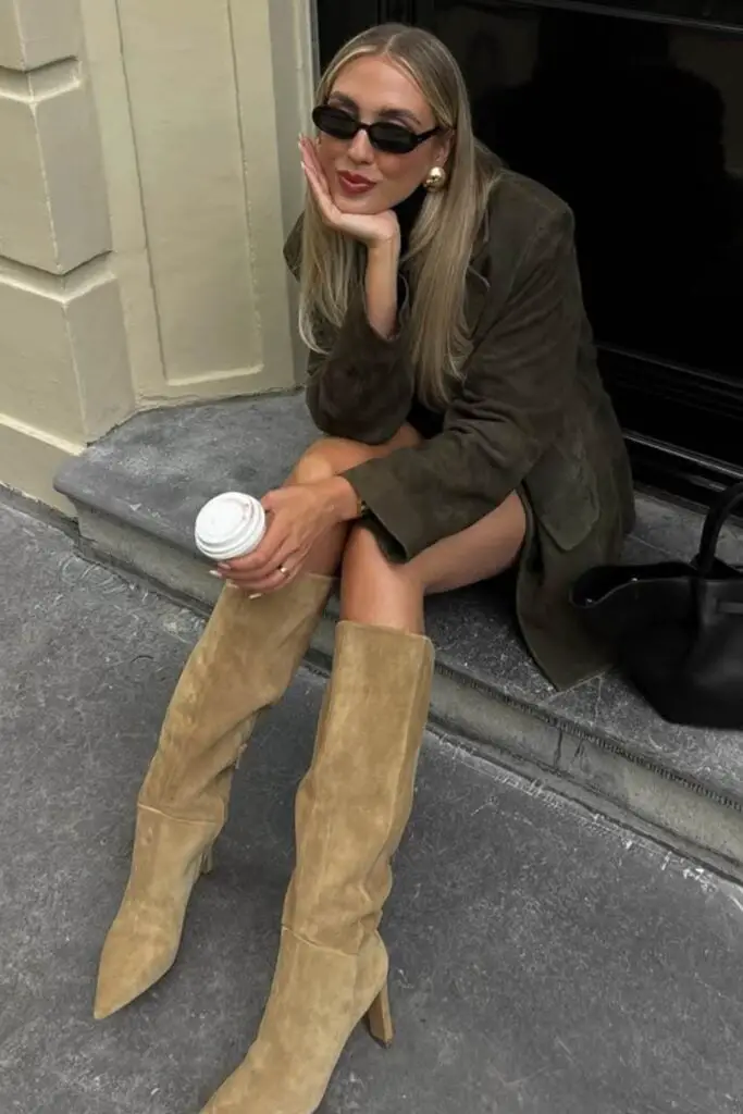 Tan Suede Knee-High Boots with Olive Green Suede Blazer Tan Suede Knee-High Boots with Olive Green Suede Blazer — Suede Boots Outfits