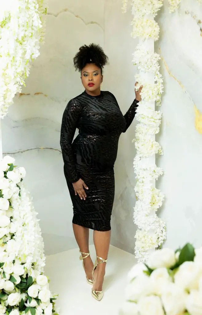Black Sequined Midi Dress with Animal Print and Gold Heels Black Sequined Midi Dress with Animal Print and Gold Heels — Winter Party Outfits