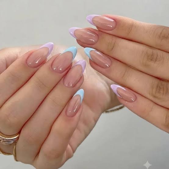 Pastel Lilac Blue French Almonds Pastel Lilac Blue French Almonds — Trendy Almond Nail Designs