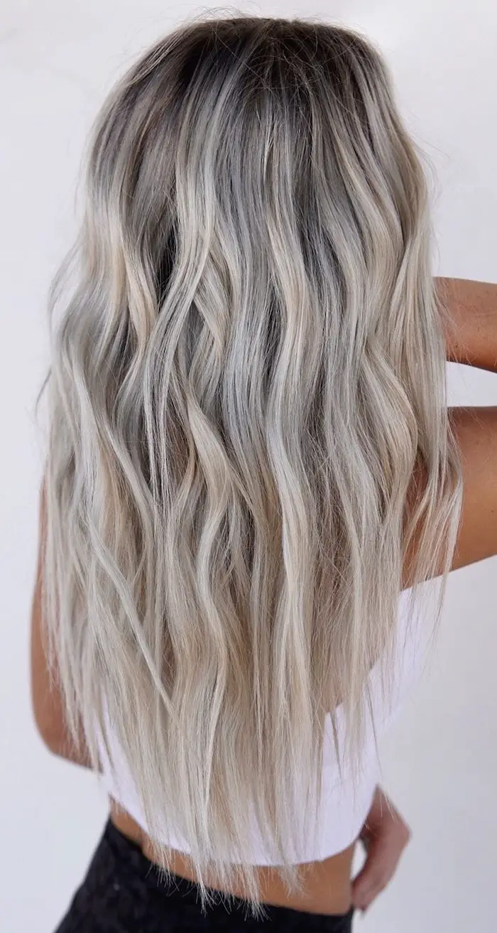Mid-Back Ash Blonde With Dark Root Shadow Mid-Back Ash Blonde With Dark Root Shadow — Icy Blonde Hair