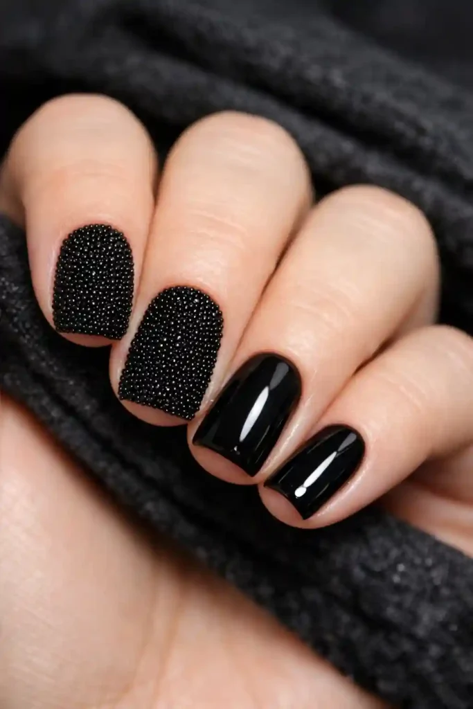Medium Squoval Glossy Black and Micro-Beads Medium Squoval Glossy Black and Micro-Beads — Black Nail Ideas