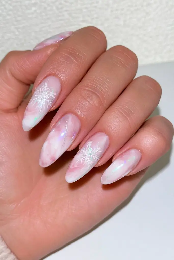 Pale Pink Marble Snowflake Almonds — Winter Marble Nails