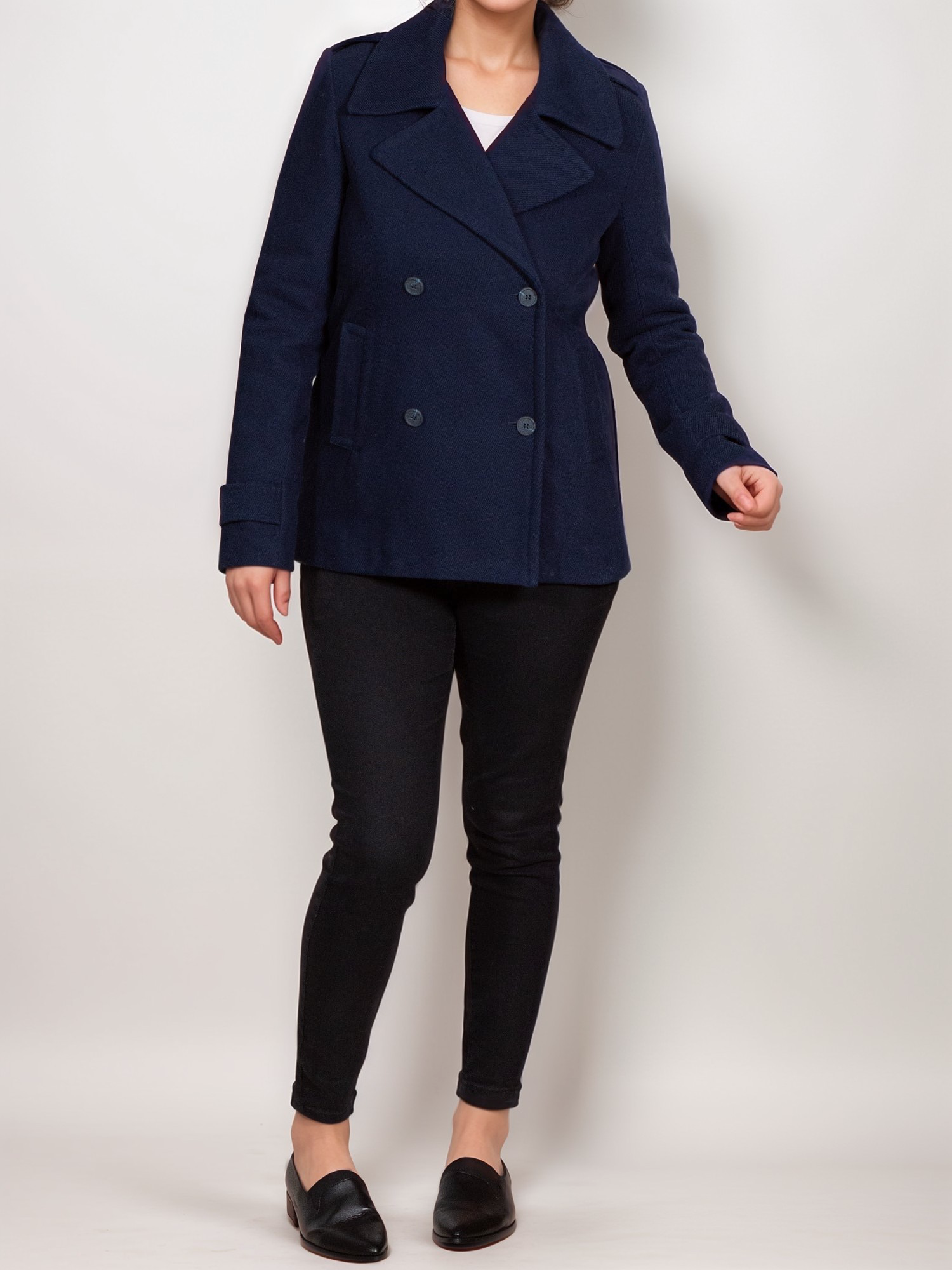 Navy Double-Breasted Peacoat with White T-Shirt and Loafers — Peacoat Outfits