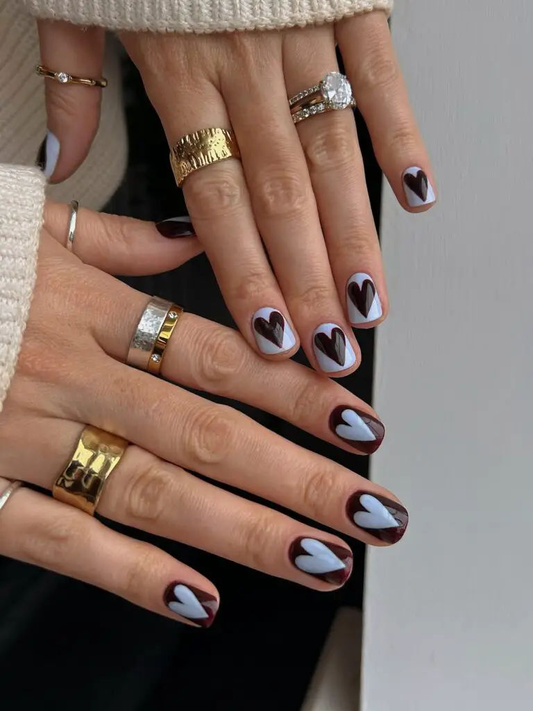 Short Oval Hearts: Blue and Brown Short Oval Hearts: Blue and Brown — Trendy Simple Nail Designs