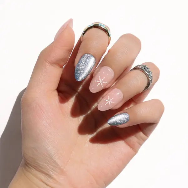 Nude Pink Silver Glitter Snowflake Stilettos Nude Pink Silver Glitter Snowflake Stilettos — Snowflake Nails
