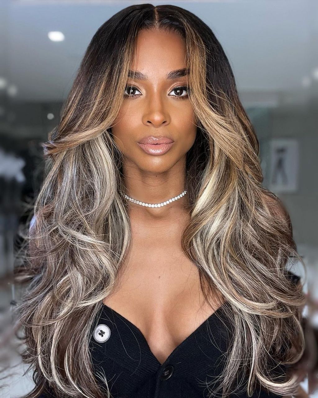 Dimensional Blonde Highlights with Black Top and Choker Dimensional Blonde Highlights with Black Top and Choker — Blonde Hair Colour