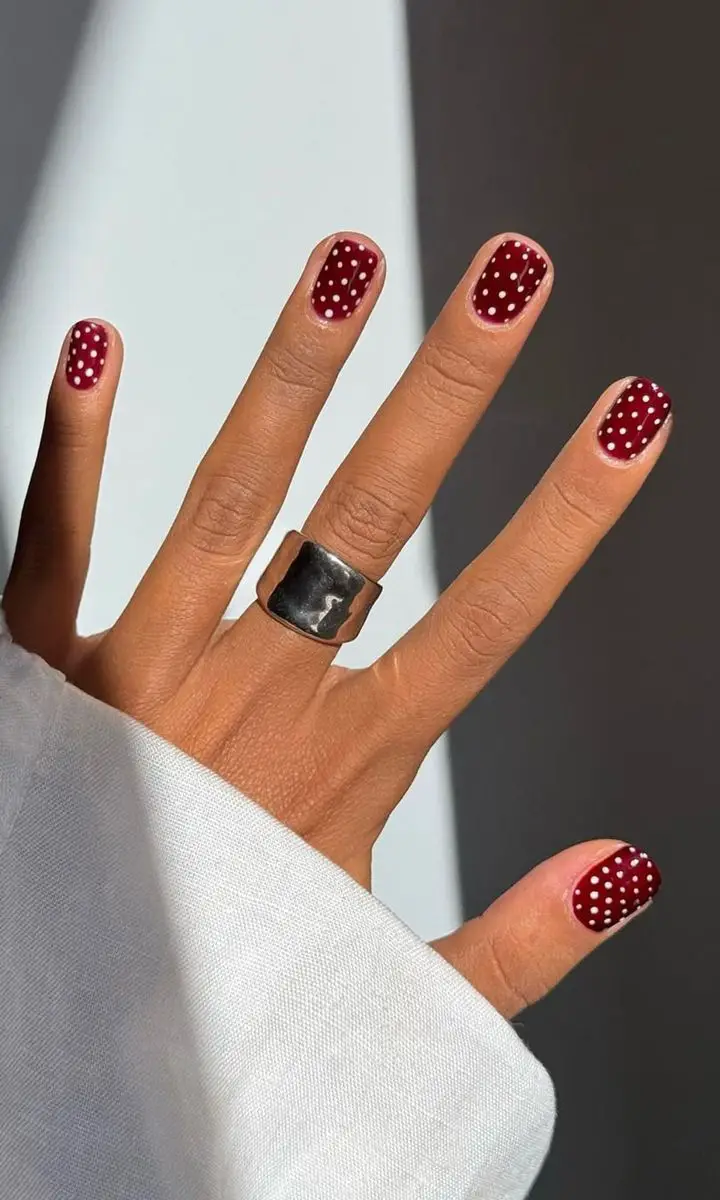 Dark Red Nails with White Polka Dots — Cherry Red Nails