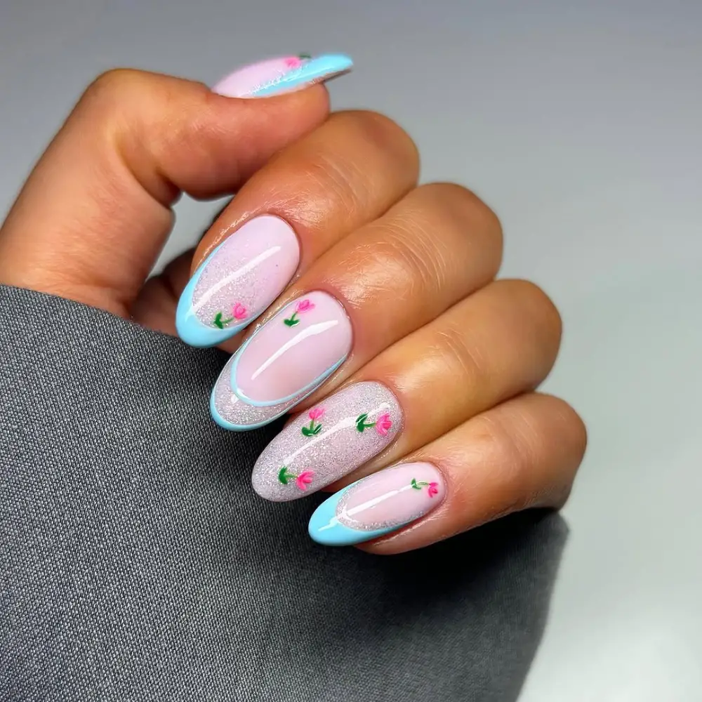 Pale Pink Blue Floral Glitter Almonds Pale Pink Blue Floral Glitter Almonds — Winter to Spring Transition Nails