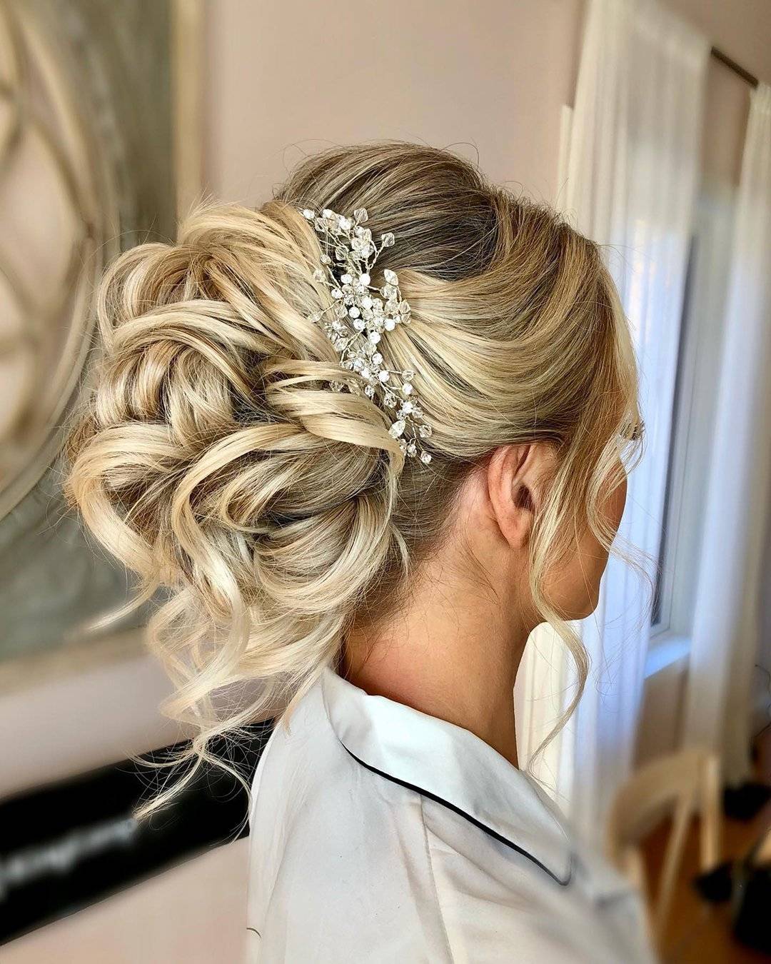 Blonde Updo With Textured Curls and Jewels Blonde Updo With Textured Curls and Jewels — Winter Wedding Hairstyles