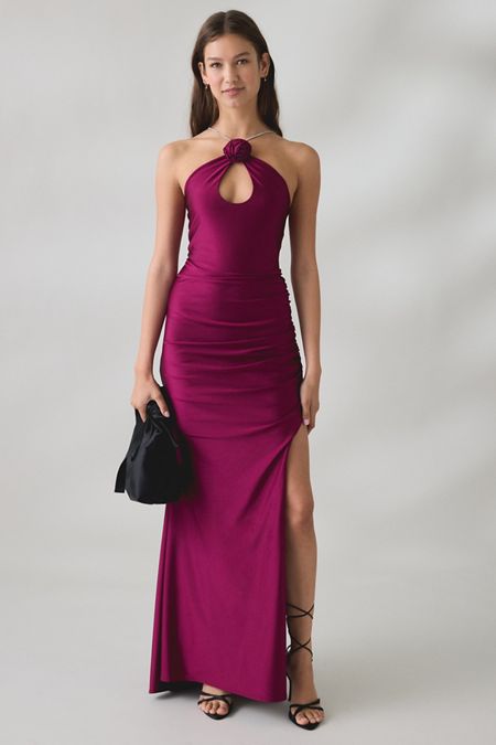 Magenta Halter Neck Gown with Keyhole and Thigh-High Slit Magenta Halter Neck Gown with Keyhole and Thigh-High Slit — Winter Formal Dresses