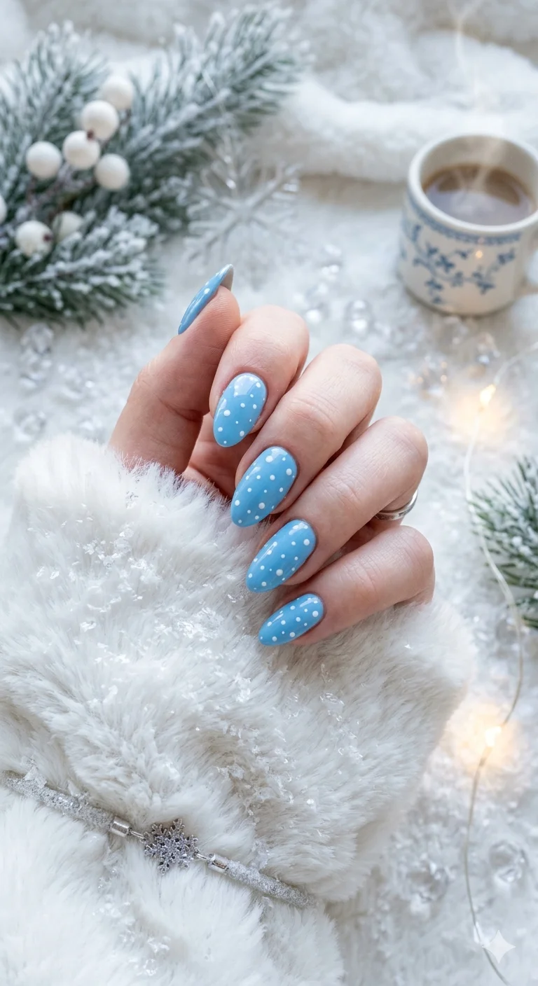 Vibrant Sky Blue with Crisp White Polka Dots Vibrant Sky Blue with Crisp White Polka Dots — Cute Winter Nails