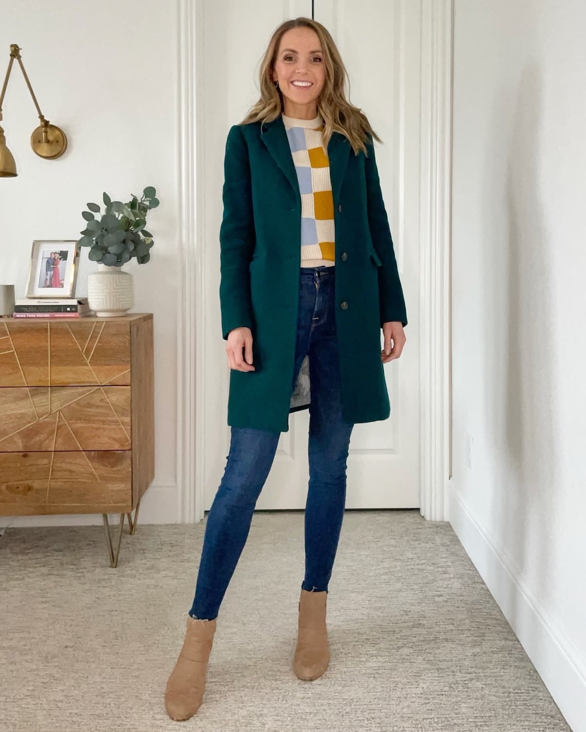 Green Wool Coat Over Checkered Sweater and Denim — Colorful Winter Outfits