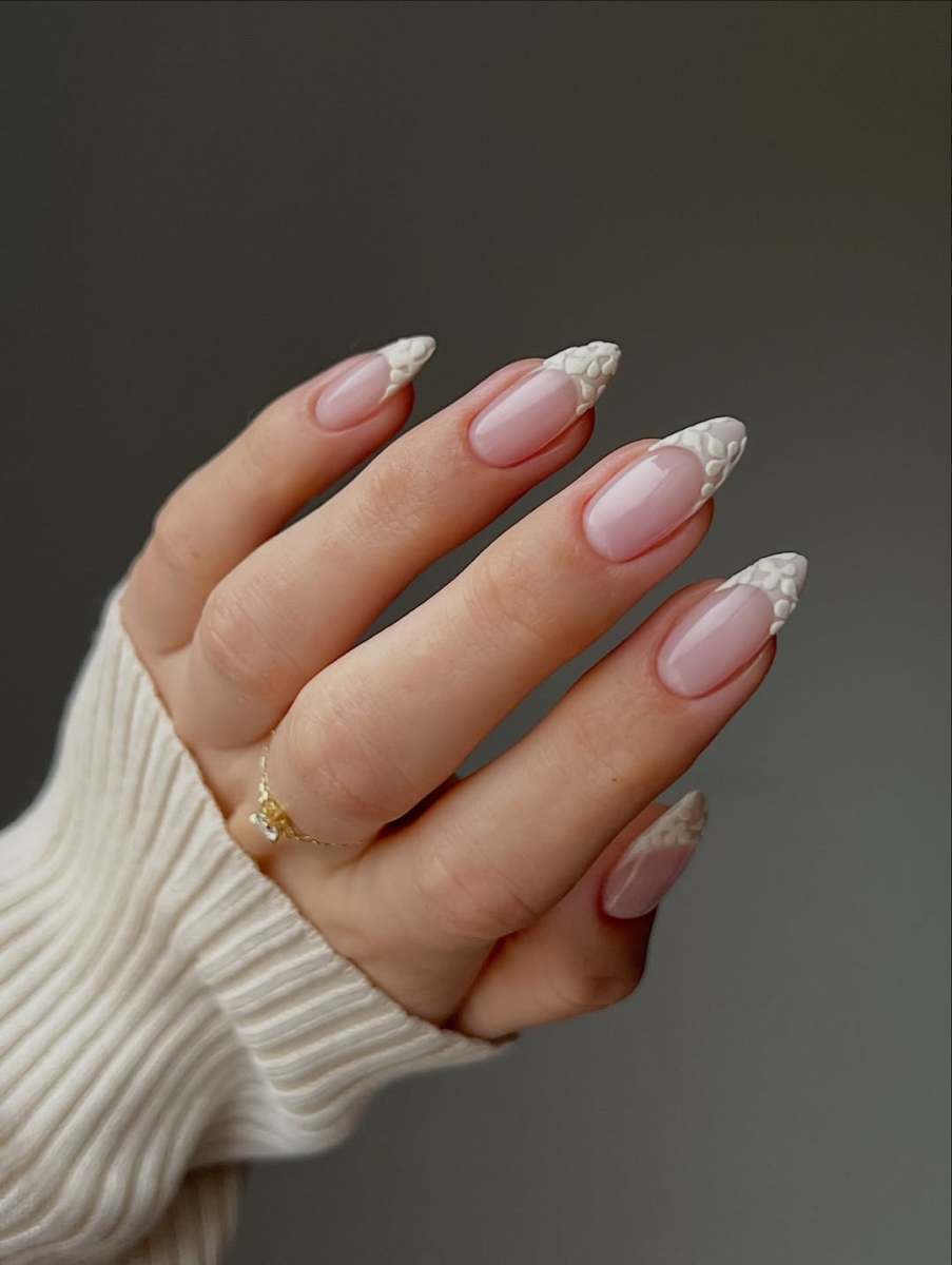 Textured French Tip Almond Nails — Winter Wedding Nails