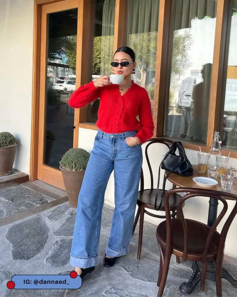 Vibrant Red Scalloped Cardigan with Wide-Leg Jeans Vibrant Red Scalloped Cardigan with Wide-Leg Jeans — Cardigan Outfits