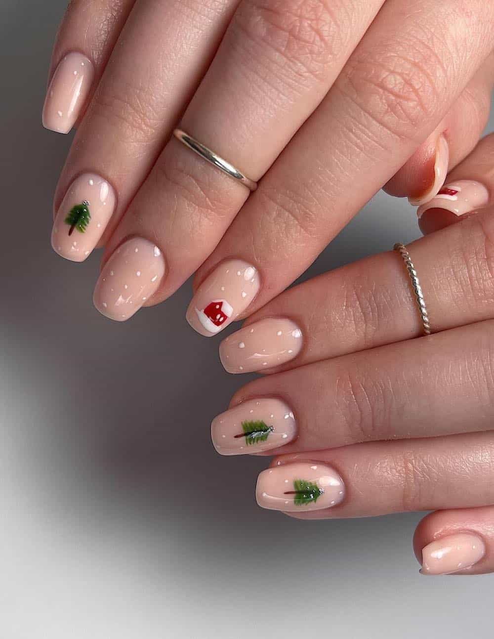 Short Coffin Pink Polka Dots and Houses Short Coffin Pink Polka Dots and Houses — Winter Vacation Nails