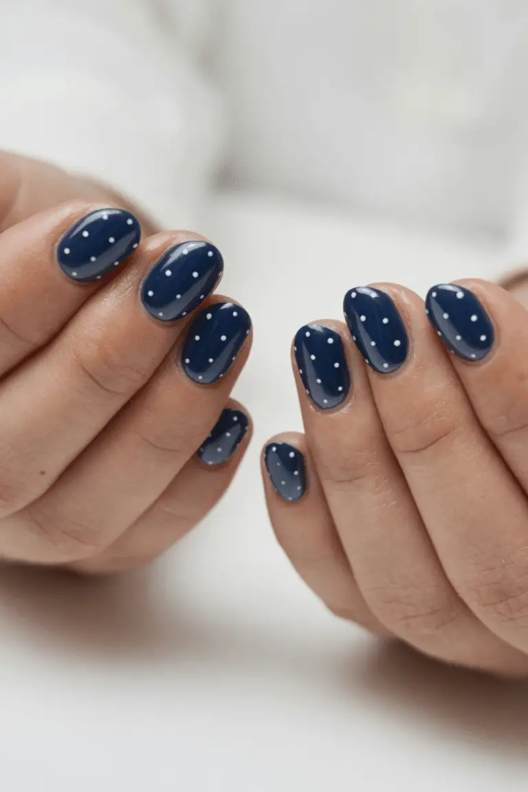 Navy Blue with White Polka Dots Navy Blue with White Polka Dots — Short Nail Designs