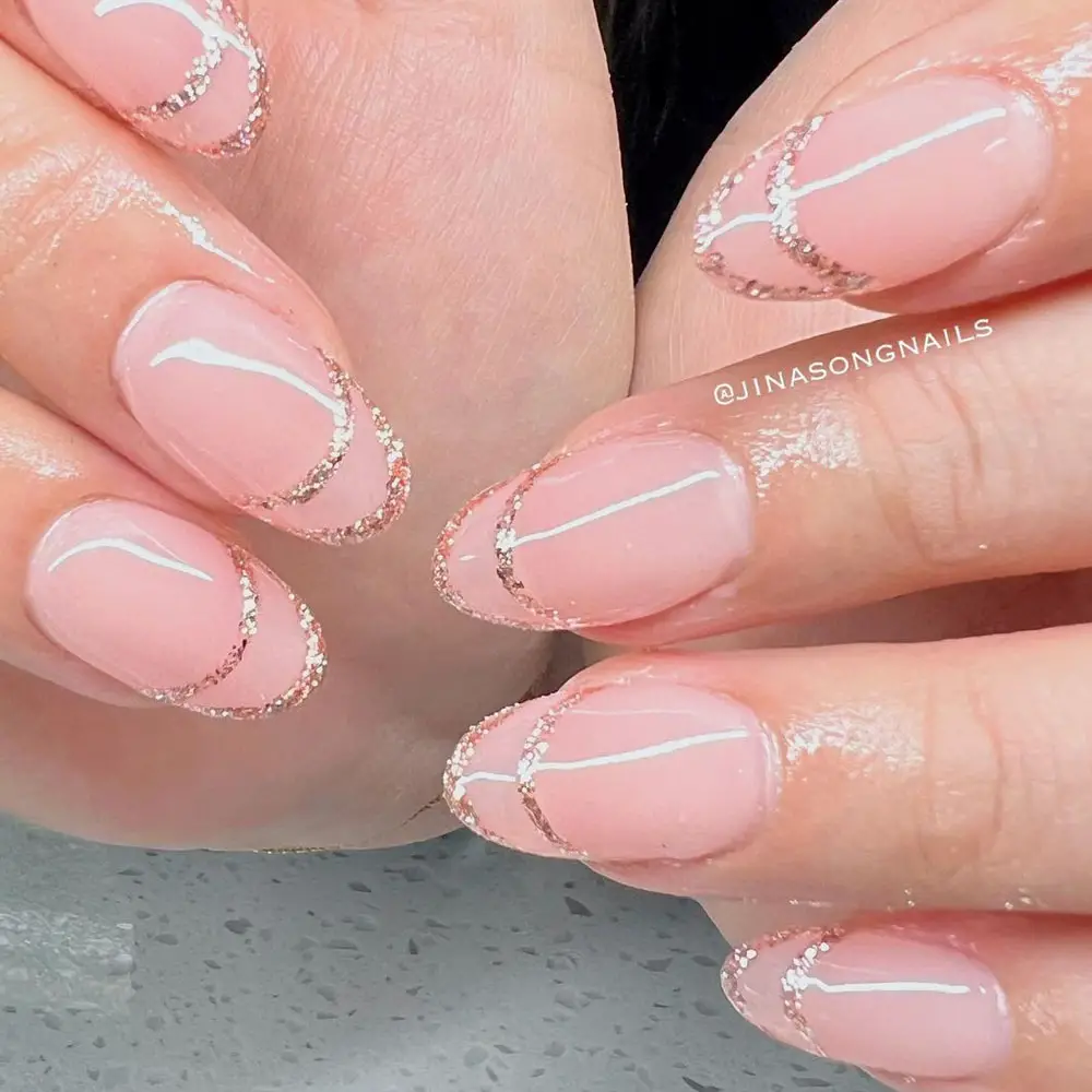 Pale Pink Glitter French Tip Oval — Winter Dip Powder Nails
