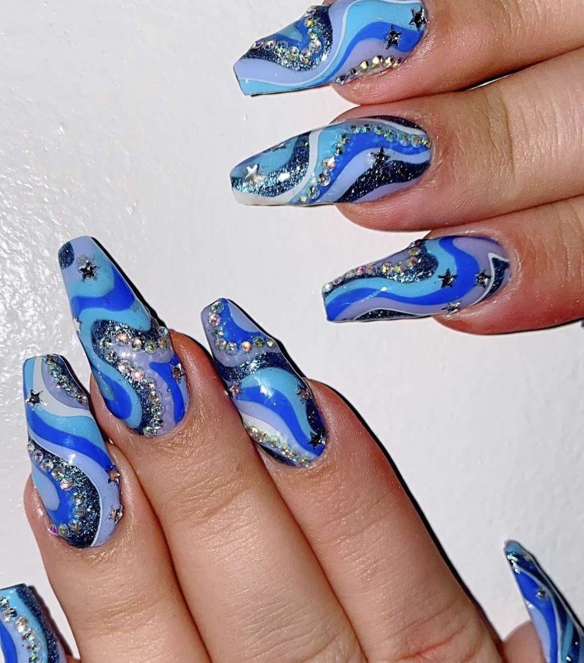 Vibrant Blue Purple Swirl Stilettos Vibrant Blue Purple Swirl Stilettos — Long Winter Nails