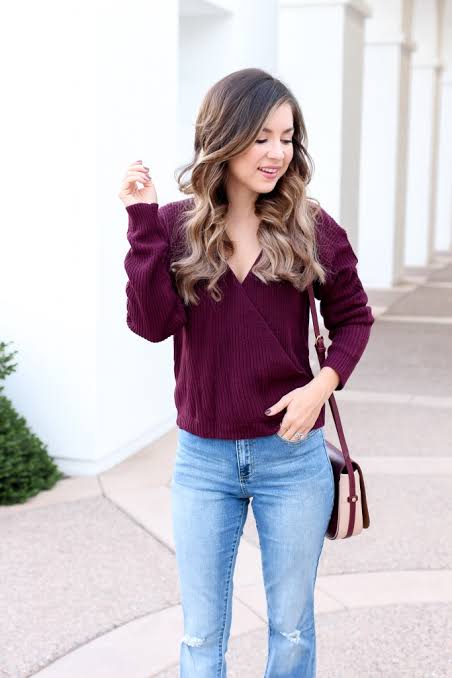 Ribbed Wrap Sweater with Distressed Jeans Ribbed Wrap Sweater with Distressed Jeans — Sweater Outfits