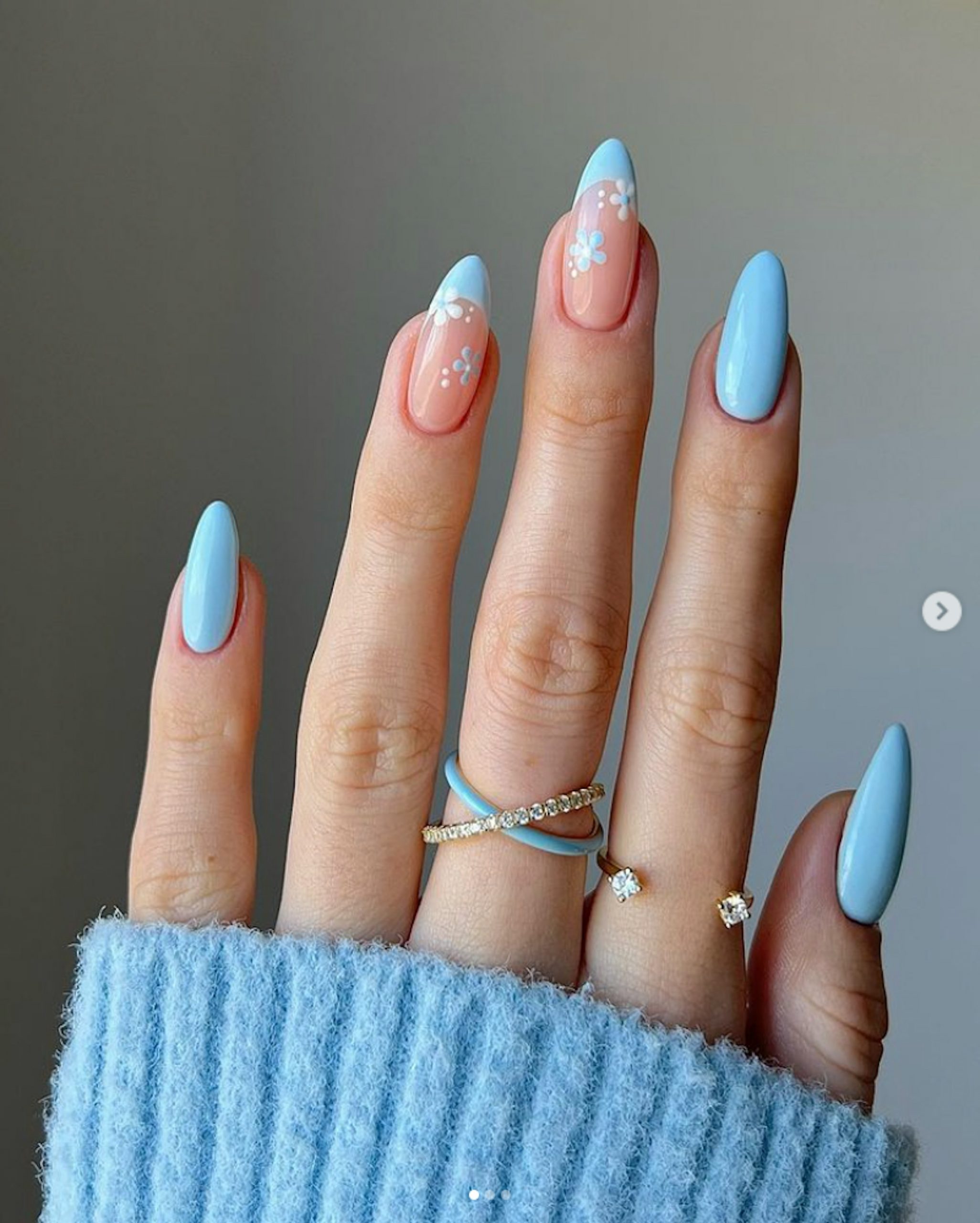 Baby Blue French with Painted Flowers Baby Blue French with Painted Flowers — Icy Blue Nails