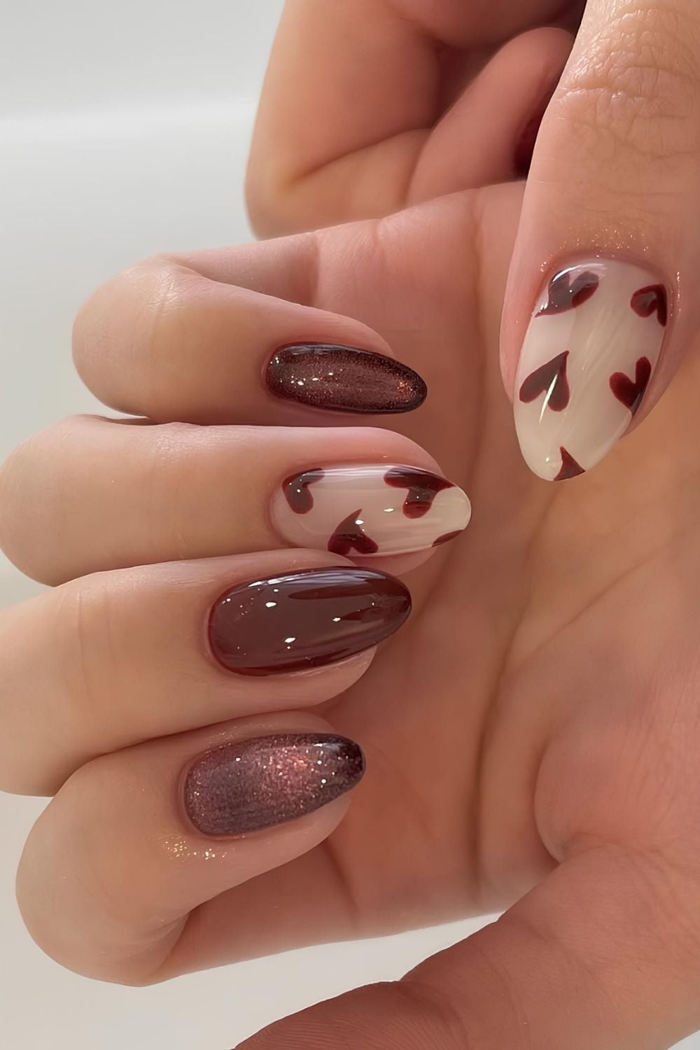 Shimmery Brown with Dark Red Hearts — Brown Nail Designs