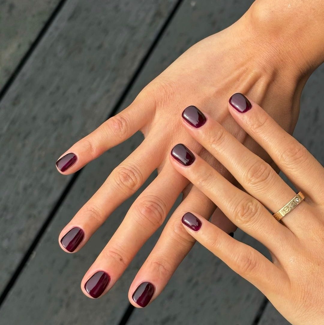 Short Rounded Square Deep Burgundy Nails