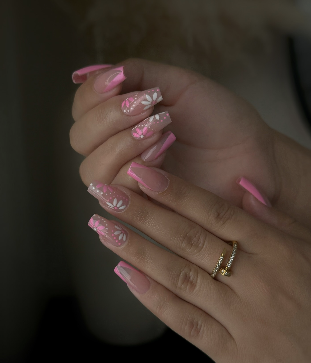 Pink Floral and Abstract Accent Coffin Nails Pink Floral and Abstract Accent Coffin Nails — Coffin Nail Designs