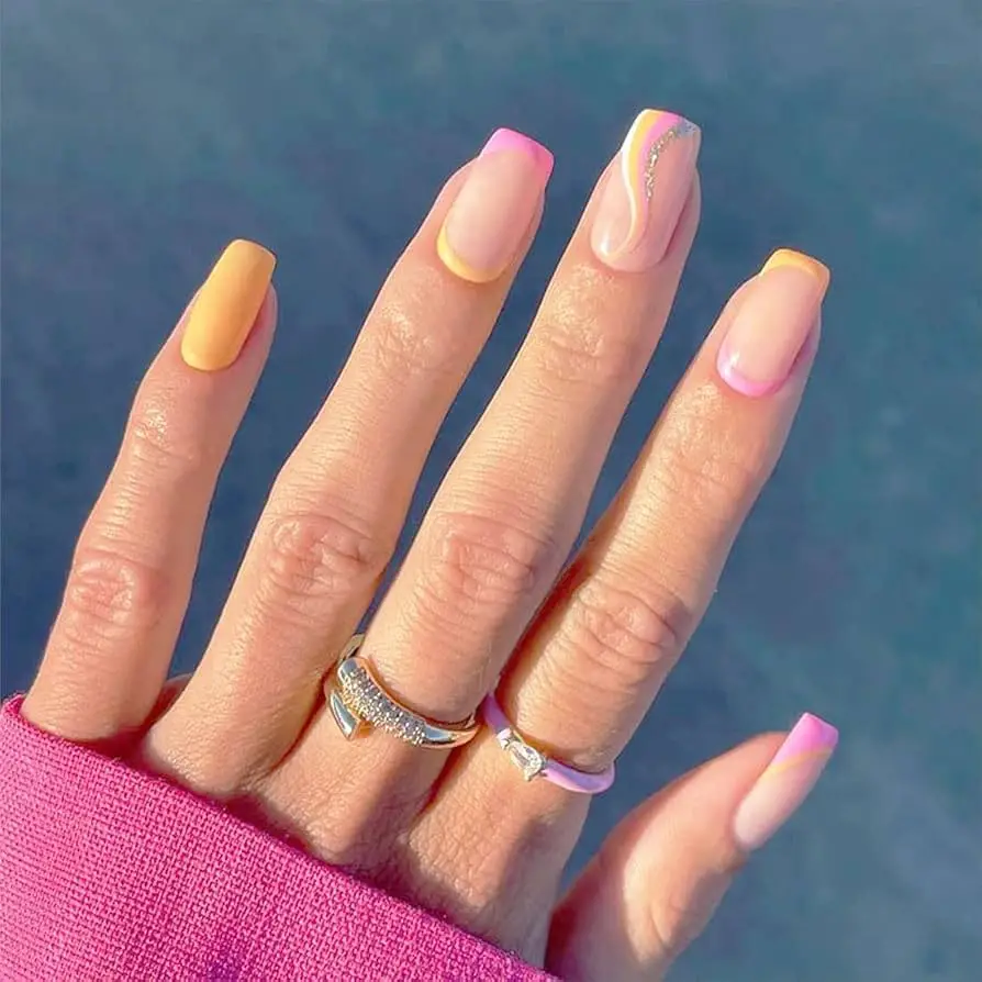 Glossy Medium Square Colorful Wavy French Glossy Medium Square Colorful Wavy French — French Nail Designs