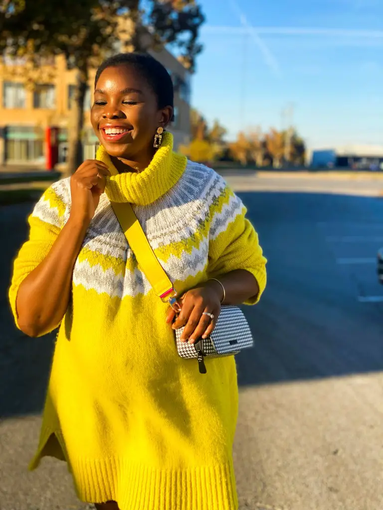 Statement Dress: Yellow Fair Isle Sweater Dress with Sneakers Statement Dress: Yellow Fair Isle Sweater Dress with Sneakers — Oversized Sweater Outfits