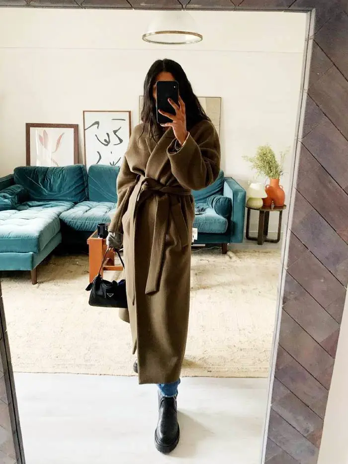Belted Olive Green Wool Coat with Jeans and Chunky Boots — Long Coat Outfits