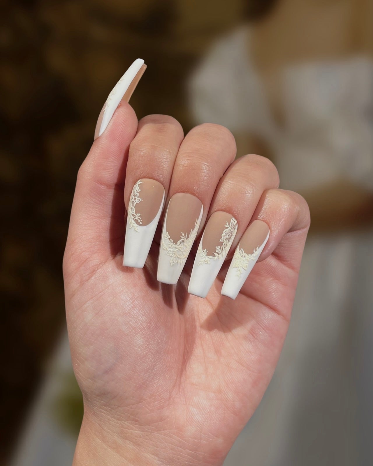 White Lace Appliqué Coffin Nails — Lace Nails