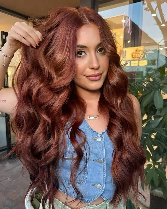 Muted Rose Auburn Loose Waves Muted Rose Auburn Loose Waves — Winter Auburn Hair Color