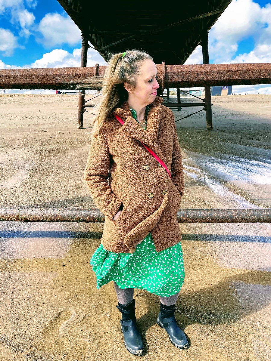 Brown Teddy Coat with Floral Dress and Boots Brown Teddy Coat with Floral Dress and Boots — Teddy Coat Outfits