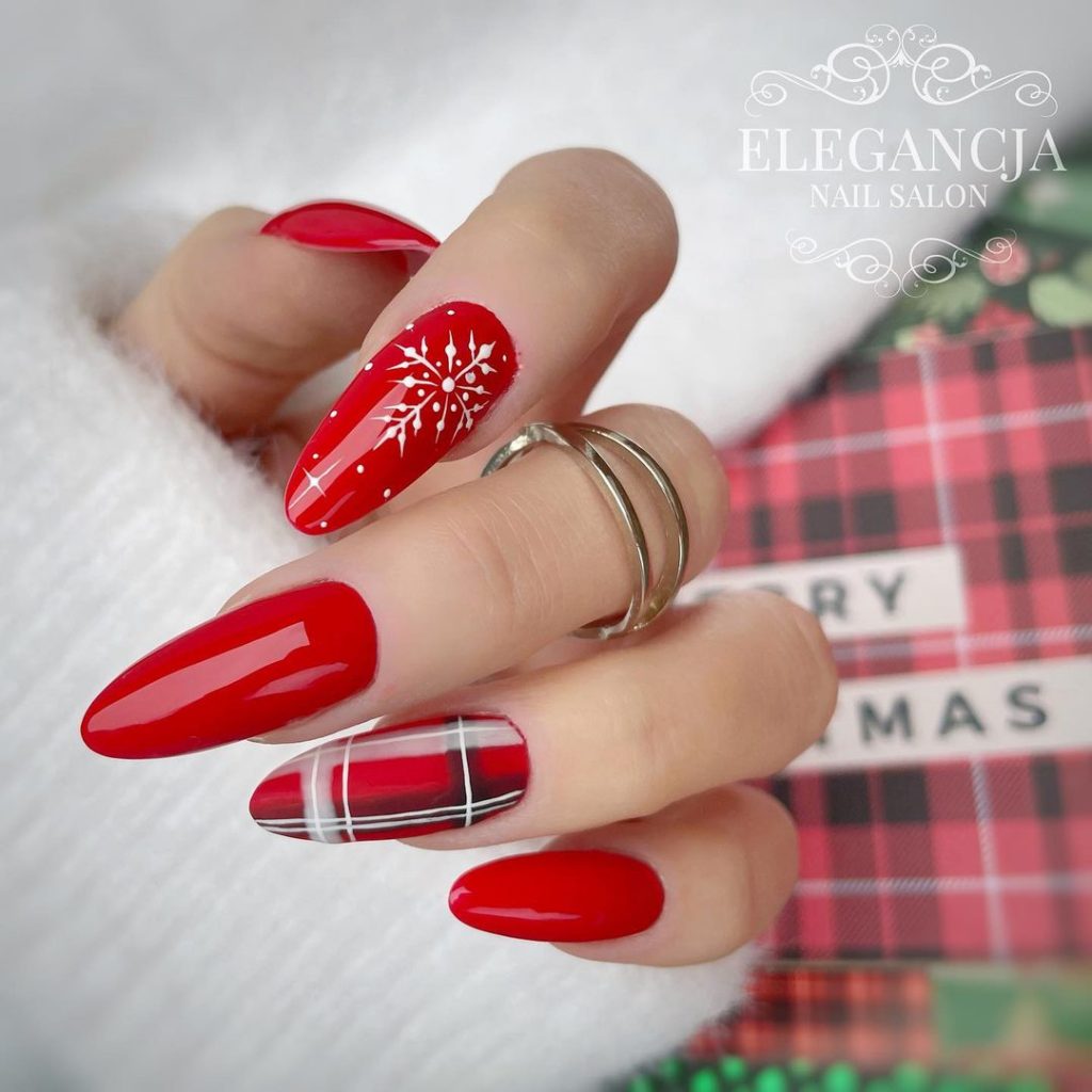 Red Plaid Snowflake Stiletto Nails Red Plaid Snowflake Stiletto Nails — Winter Acrylic Nails