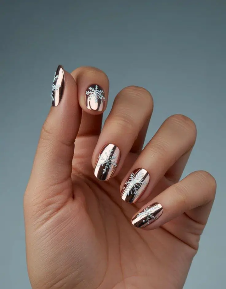 Rose Gold Chrome with Snowflakes Rose Gold Chrome with Snowflakes — Winter Chrome Nails