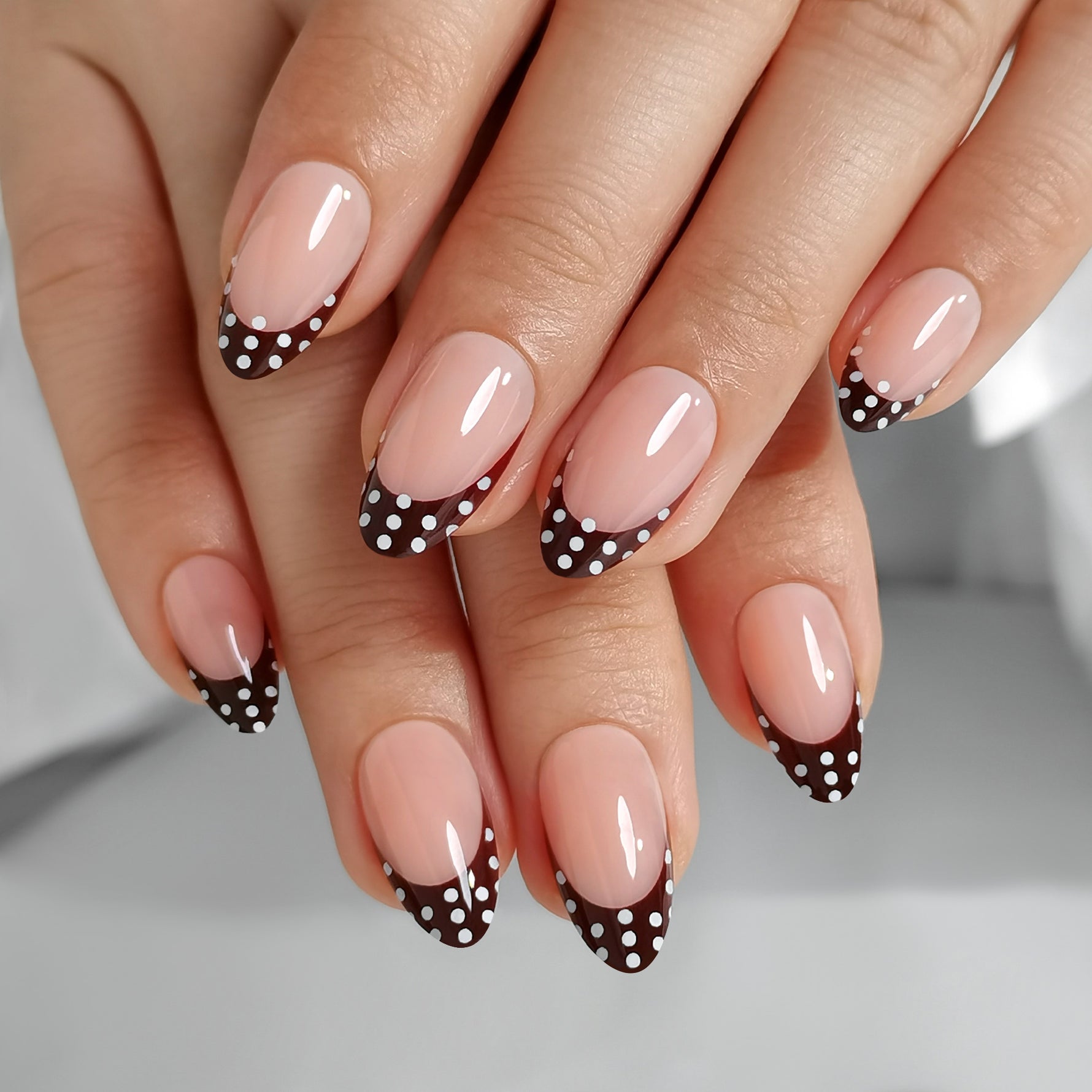 Sheer Nude Polka Dot French Tips Sheer Nude Polka Dot French Tips — Winter Almond Nails