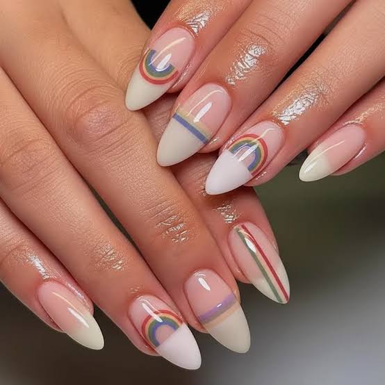 Rainbow Arc Stripe Almonds Rainbow Arc Stripe Almonds — Trendy Almond Nail Designs