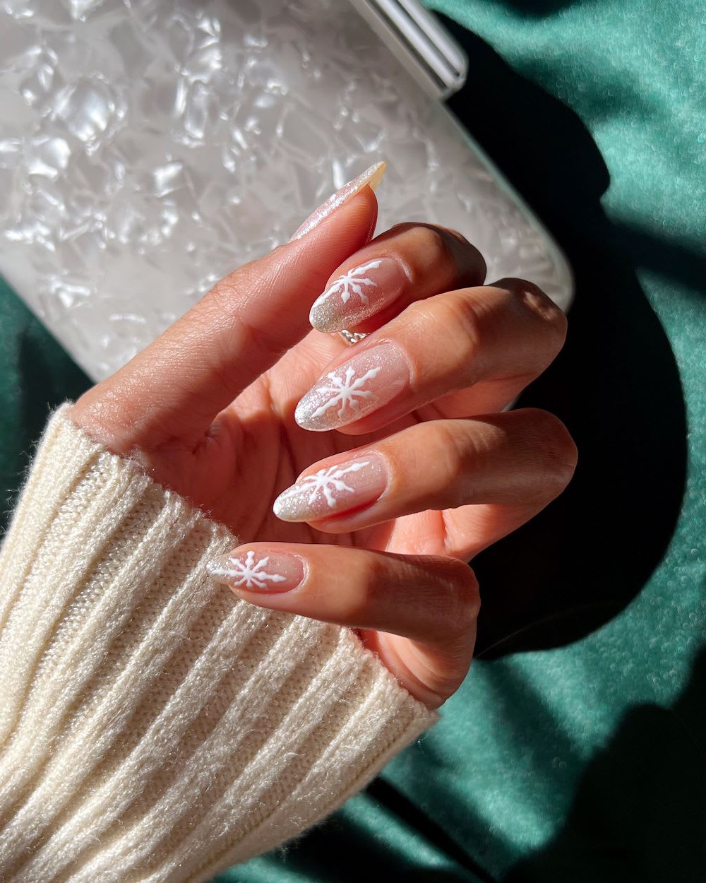 Medium Stiletto Iridescent Glitter Snowflakes — Winter Nail Art