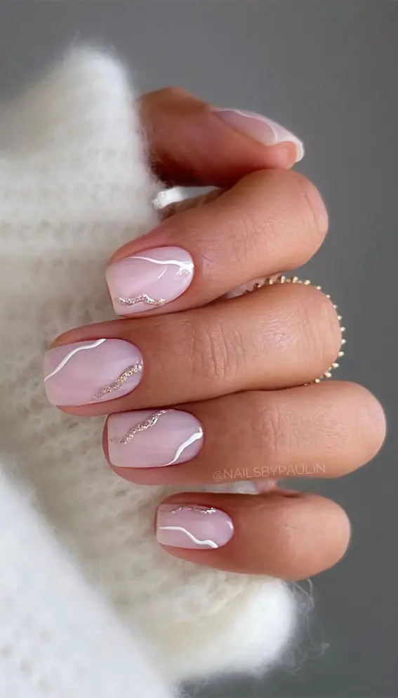 Short Square Pale Pink Marble Swirls — Simple Nail Designs