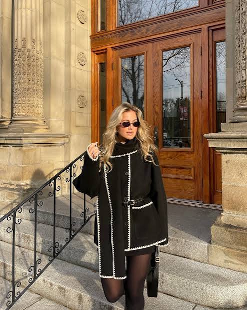 Chic Black and White Evening Ensemble with Contrasting Trim Coat Chic Black and White Evening Ensemble with Contrasting Trim Coat — December Outfits