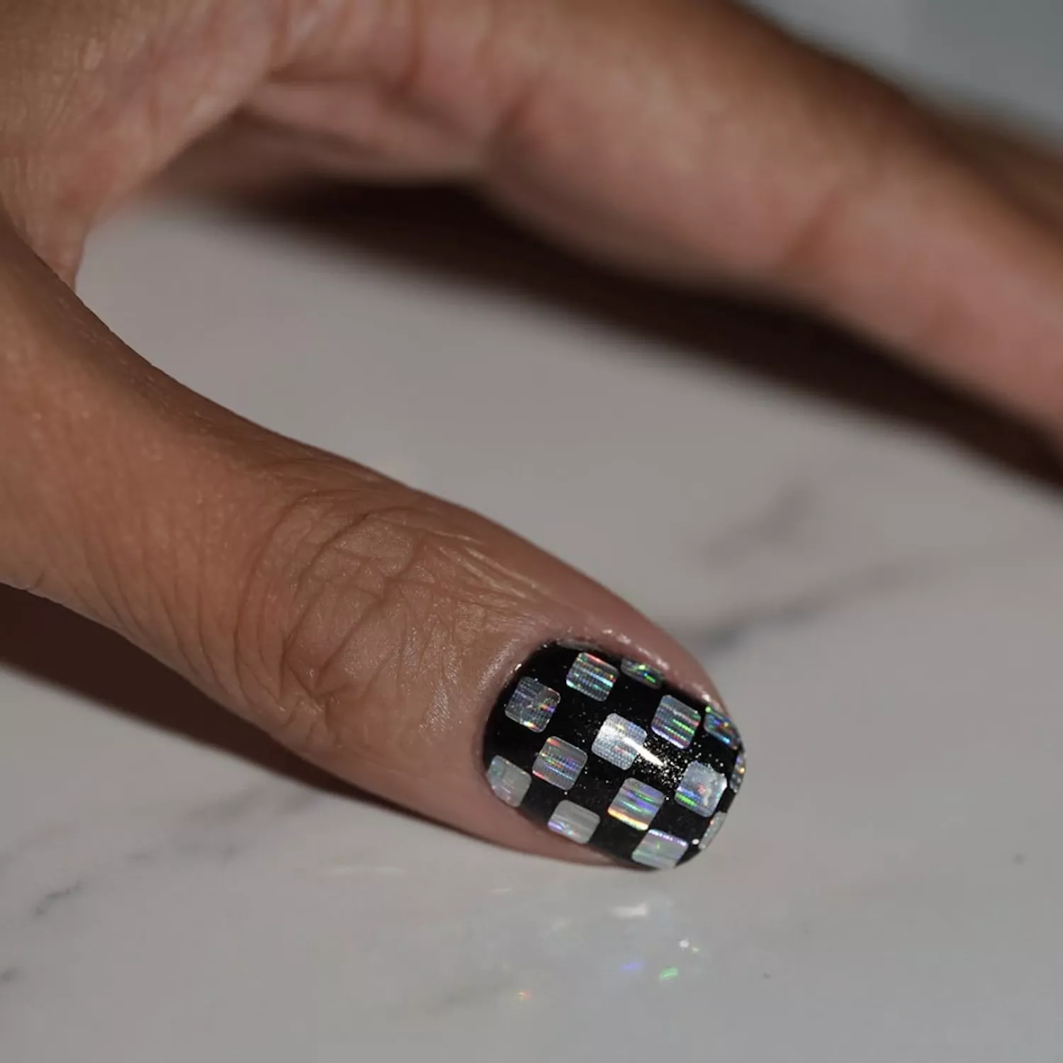 Holographic Checkerboard Accent Nails Holographic Checkerboard Accent Nails — Winter Square Nails