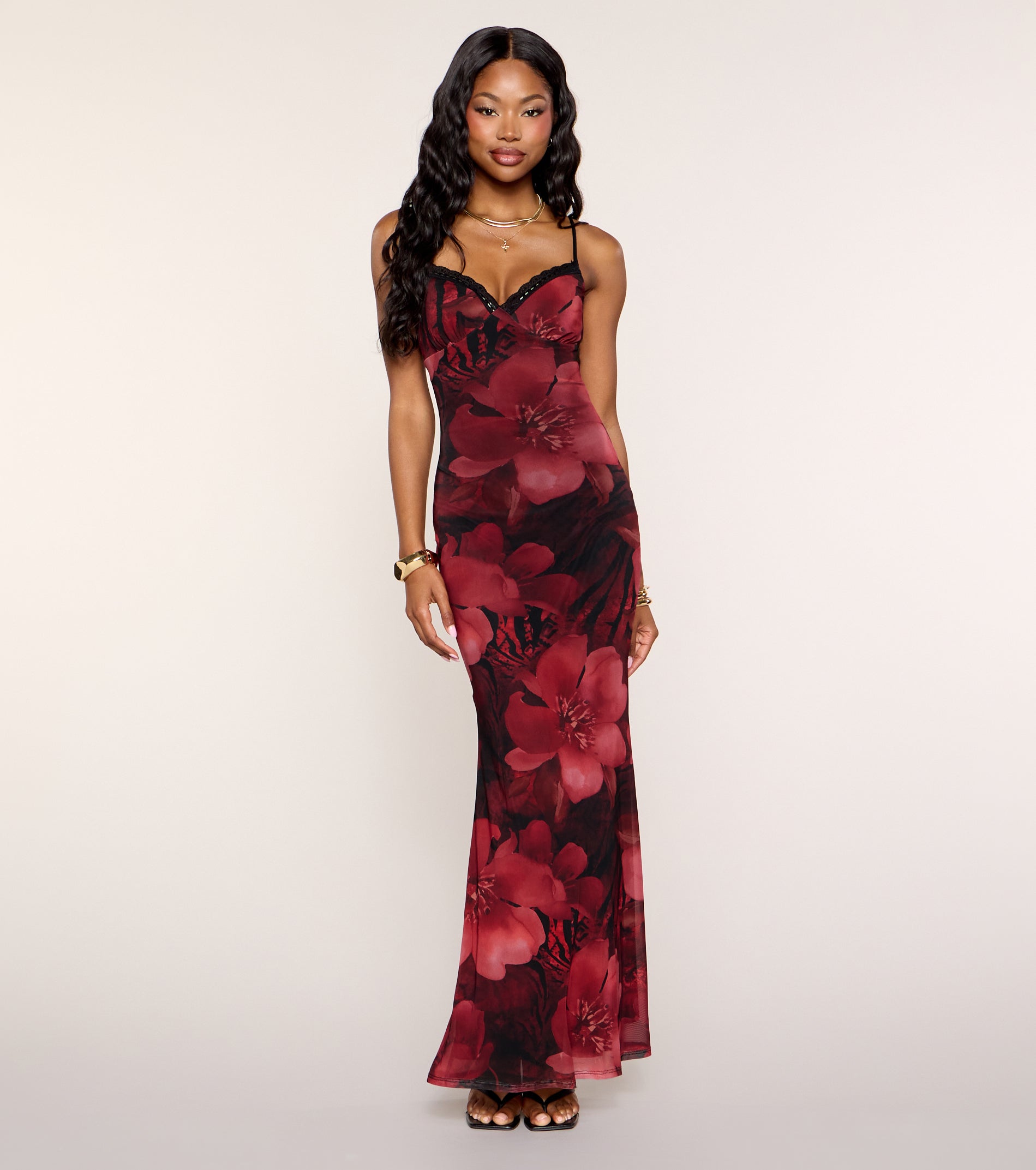 Red and Black Floral Print Maxi Dress with Mesh Overlay Red and Black Floral Print Maxi Dress with Mesh Overlay — Winter Formal Dresses