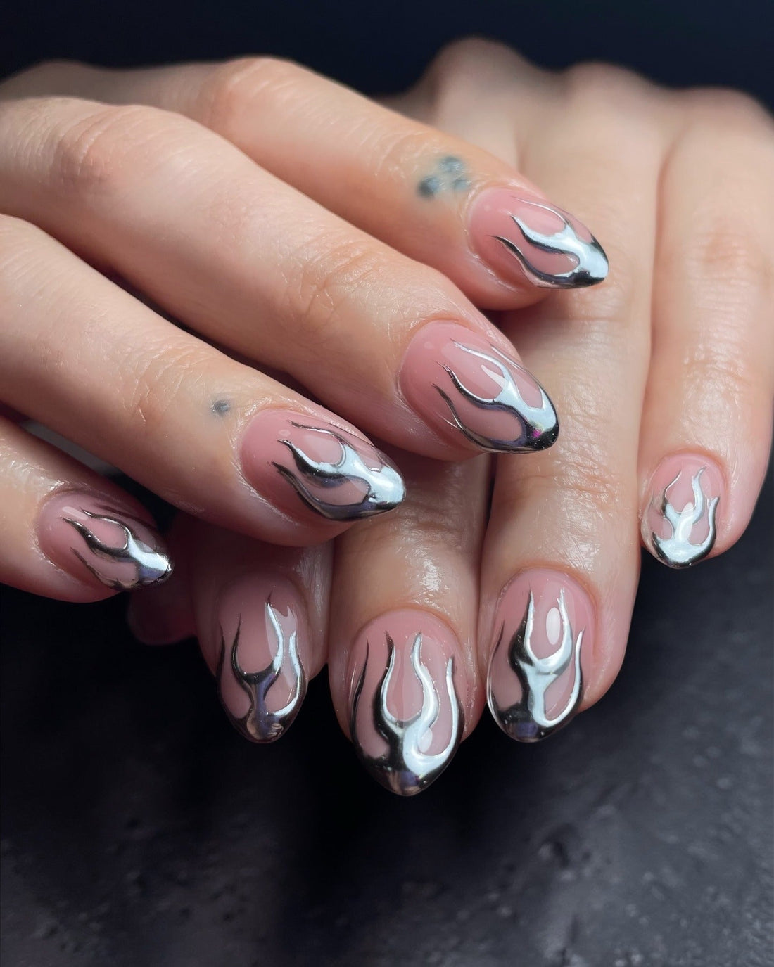 Silver Chrome Flame Art Medium Almonds — Silver Chrome Nails