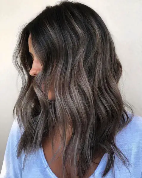 Side View Dark Brown Lob With Ash Blonde Highlights — Winter Highlights