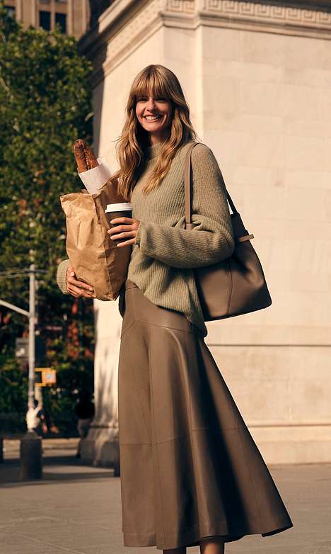Sage Green Knit Turtleneck with Brown Leather A-line Skirt and Tote Sage Green Knit Turtleneck with Brown Leather A-line Skirt and Tote — Turtleneck Outfits
