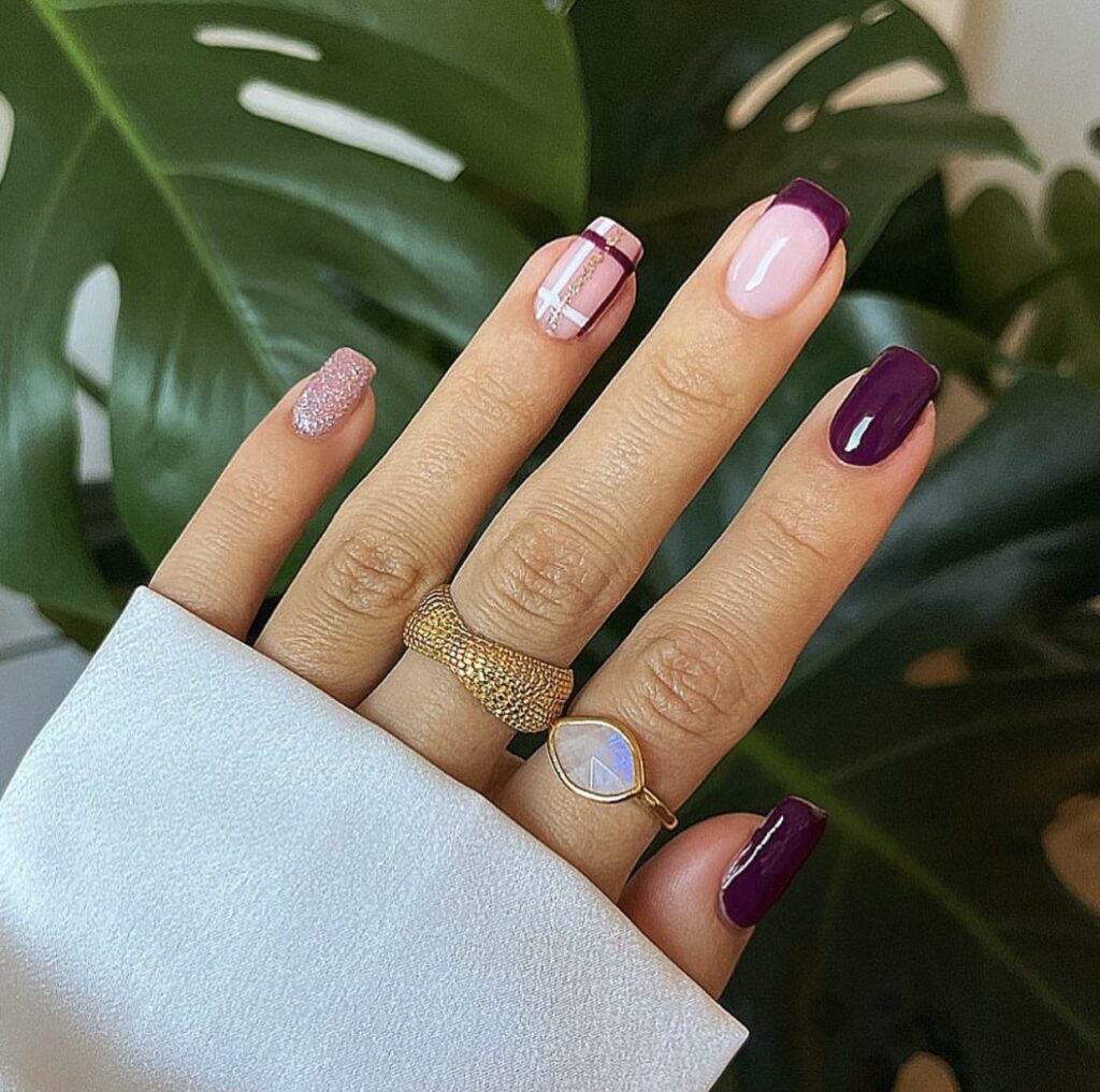 Burgundy With Blue Graphic Stripes and Dots — Burgundy Nails