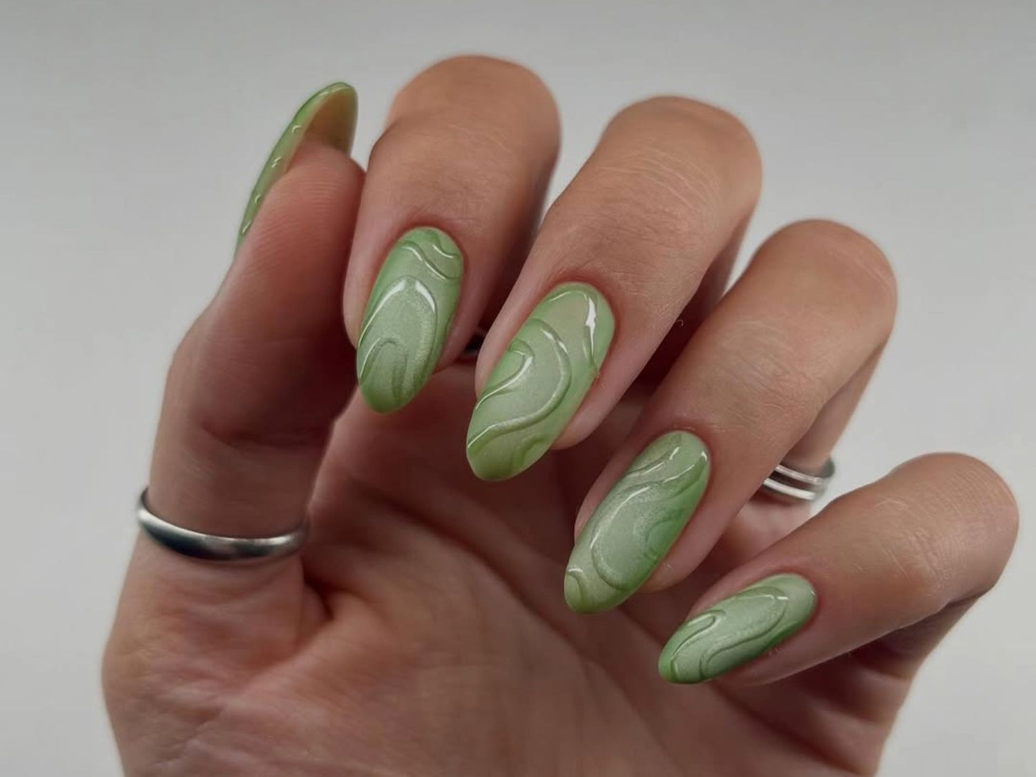 Light Green Swirl Marbled Almond Nails Light Green Swirl Marbled Almond Nails — Green Nail Designs